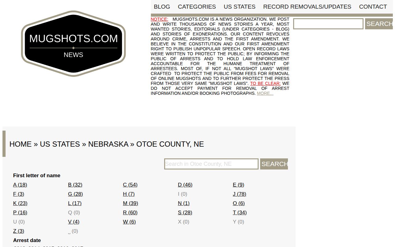 Otoe County third-party booking archive source with historical record warning